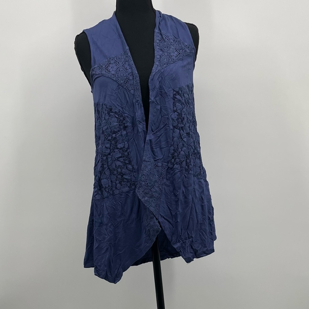Cable & Gauge Blue Lace Trim Sleeveless Cardigan Boho Open Front Small